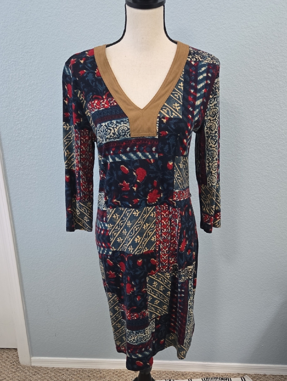 Ralph Lauren Patchwork V-Neck Midi Dress in Multicolo Faux Suede Trim Sz Large